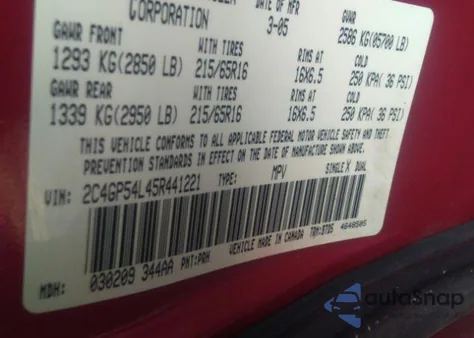 2005 Chrysler Town & Country Touring из США, поврежденный, VIN 2C4GP54L45R441221